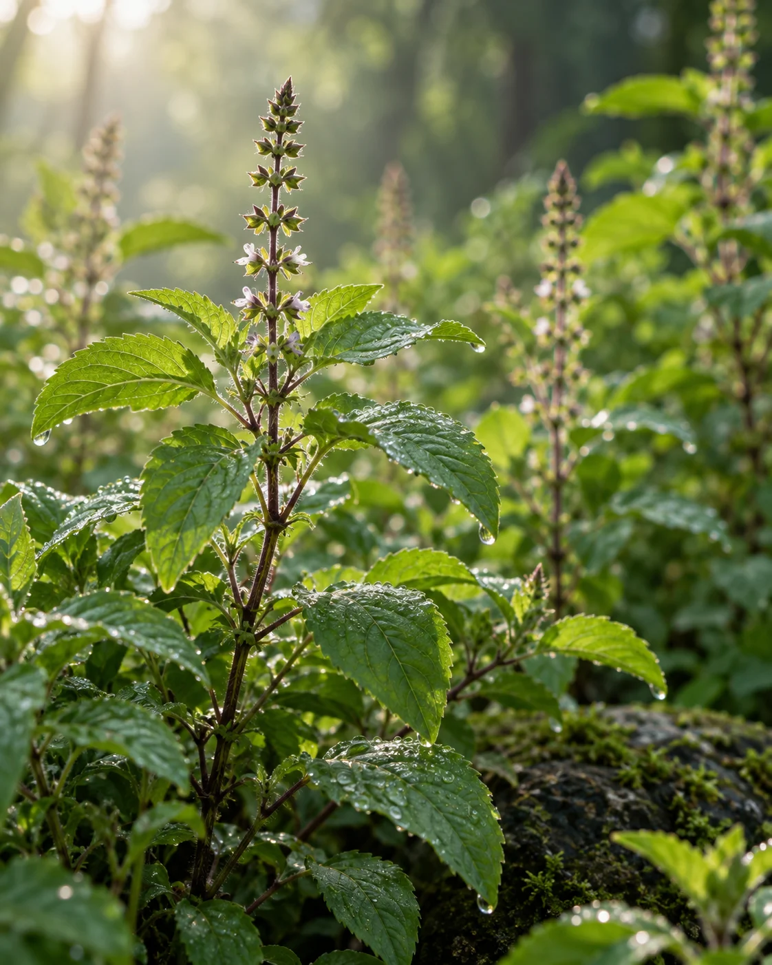 Dew-covered tulsi leaves in a lush morning garden